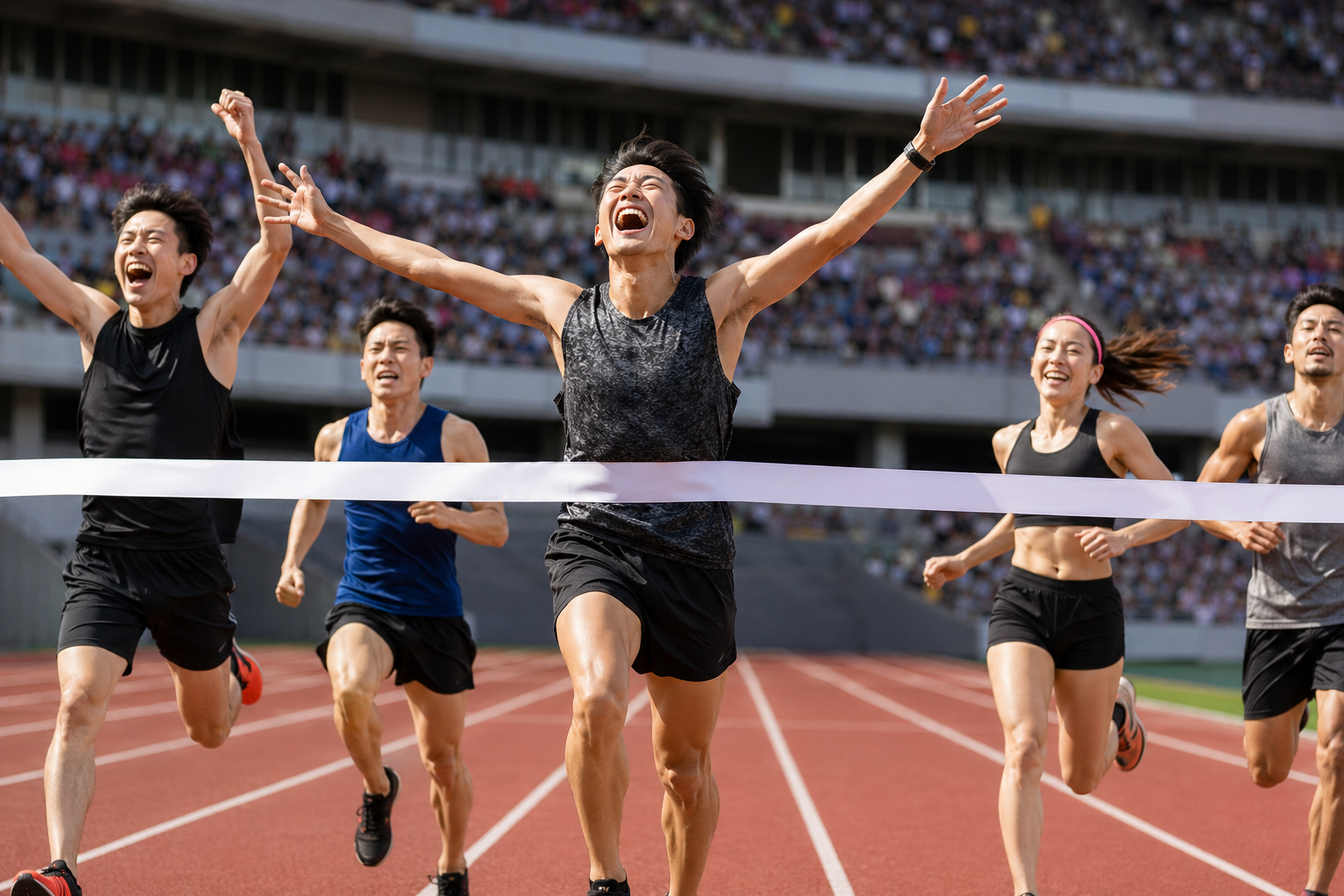 陸上競技場のフィニッシュラインでテープを切るランナーたちのイメージ。笑顔の完走シーン（特定の実在人物の再現ではありません）。