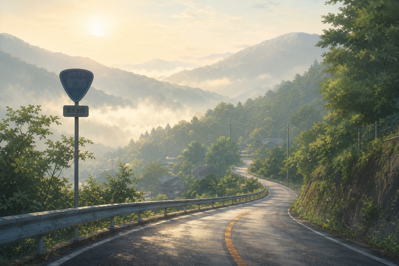 山間の国道をイメージした霧の朝の道路風景。標識は読めない抽象表現。