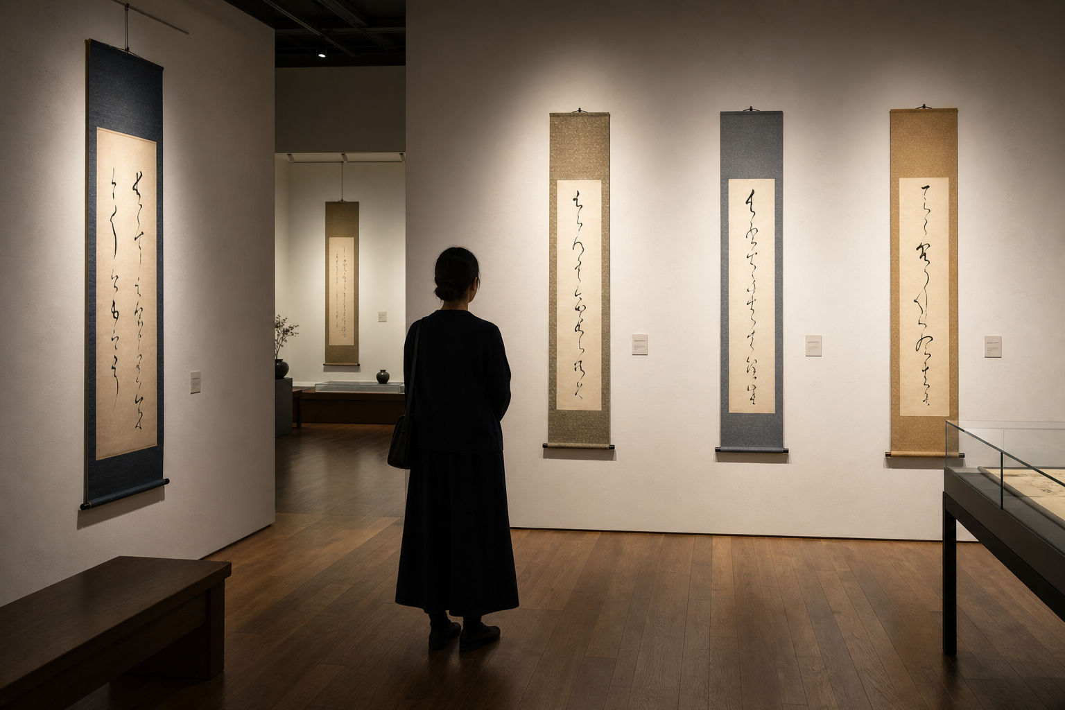 書道作品が壁面に掛けられた静かな美術館展示室をイメージした編集部作成のイラスト。実在する展示風景の写真ではありません。