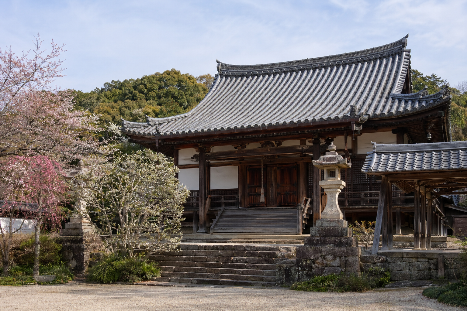 日本の禅寺本堂周辺のイメージ。常國寺の建物を特定した復元写真ではありません。※AIにより生成した参考イメージです。