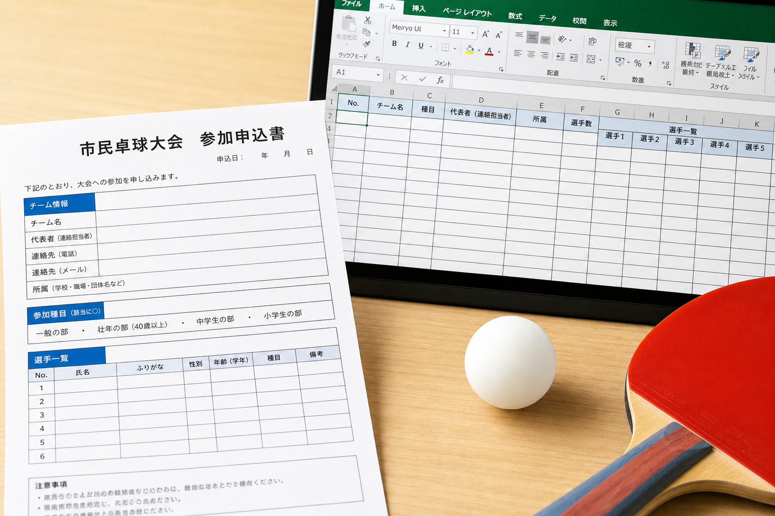 大会参加に向けた申込書類や表計算シートをイメージした編集部作成のイラスト。実在する書式そのものではなく、協会配付フォーマットへの記入・メール提出という流れを視覚化したもの。