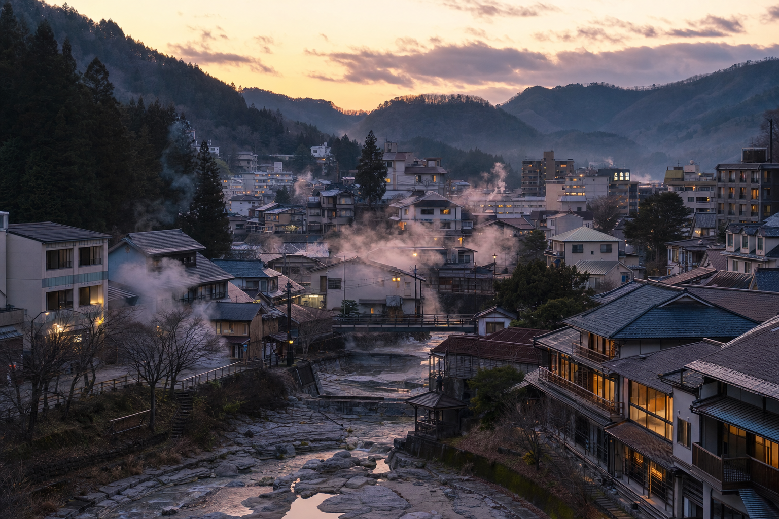 山間の温泉地の夕暮れを想起させる風景イメージ。特定の施設の再現ではない。