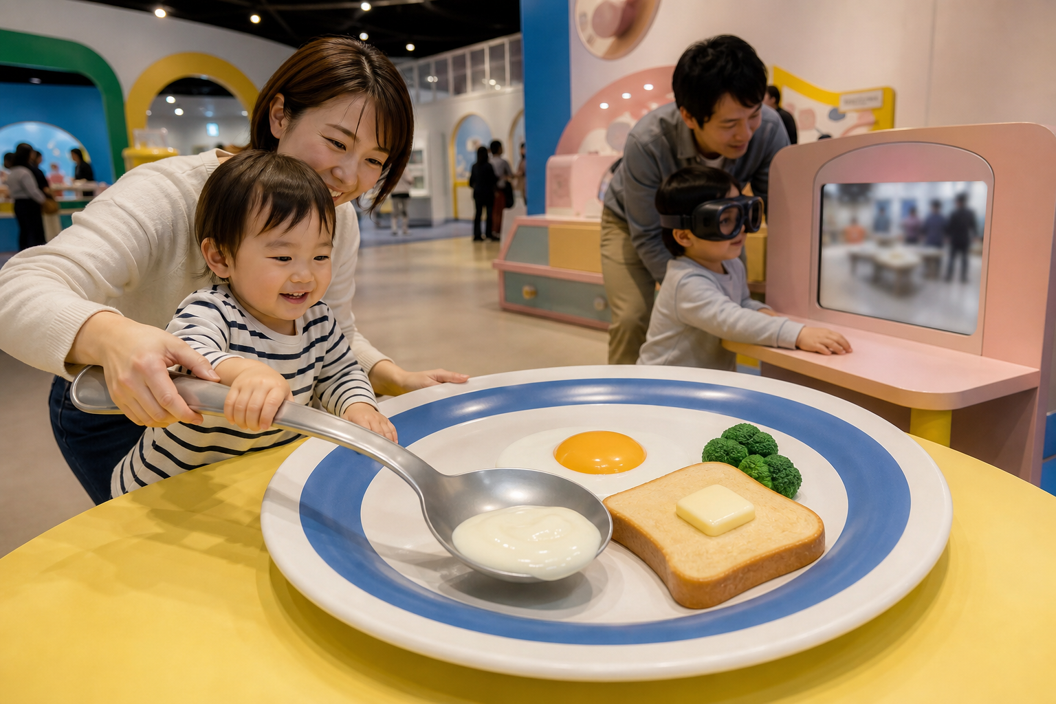 巨大な朝食道具や視力フィルターを体験する家族連れのイメージ。※画像は生成AIにより作成されたイメージです