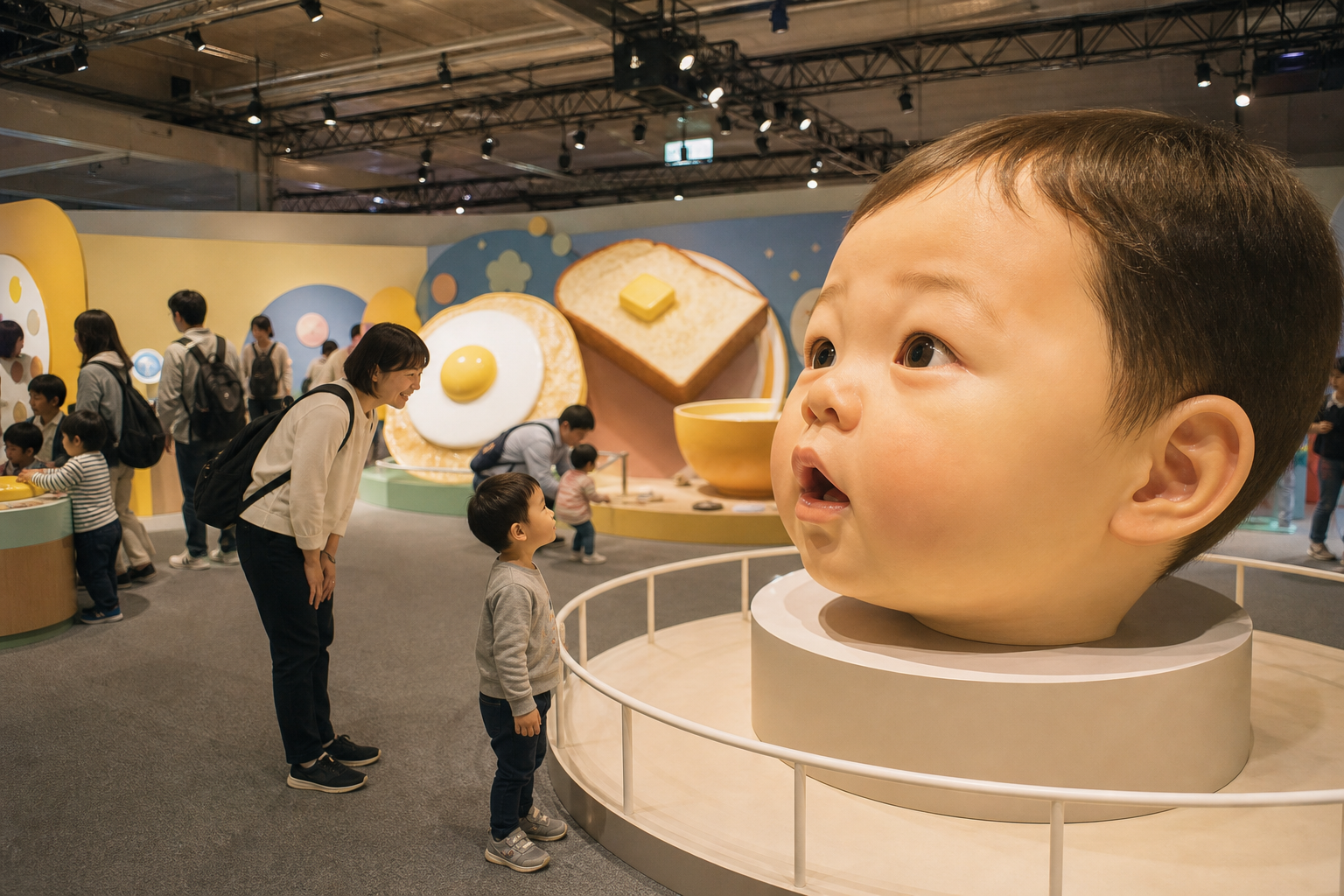 みろくの里・ツネイシアリーナを想定した屋内イベント会場で、家族連れが体験型展示に向かうイメージ。赤ちゃん頭部模型や大型の幼児視点道具が並ぶブースを背景にした雰囲気。※画像は生成AIにより作成されたイメージです