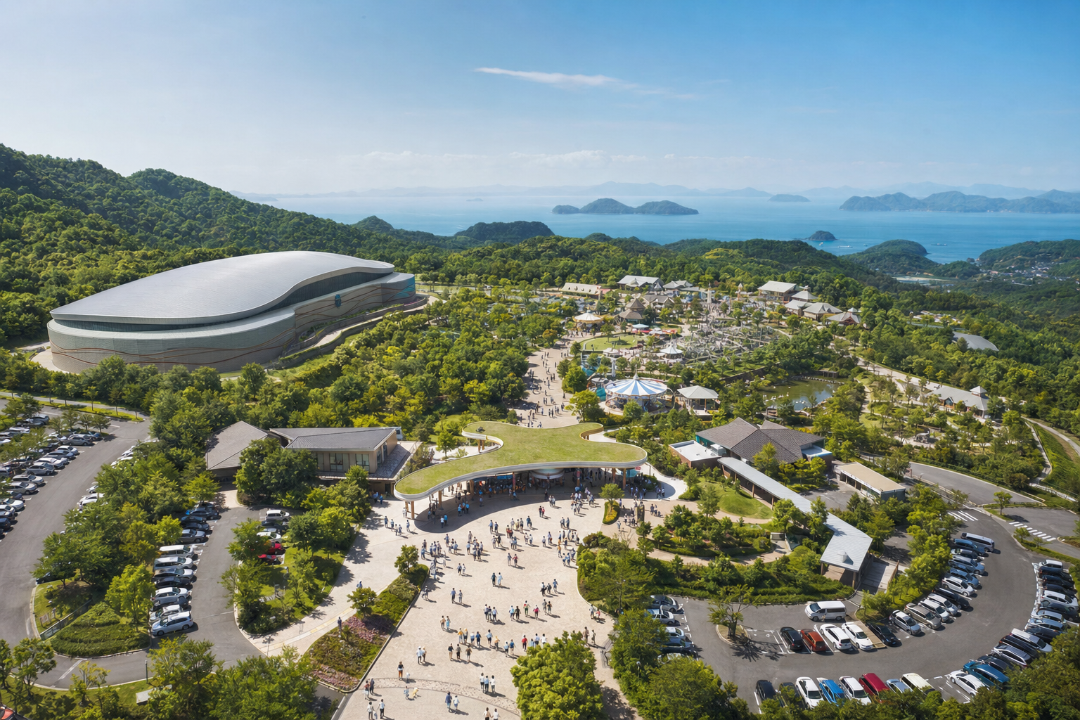 家族向けテーマパークとアリーナ施設をイメージした俯瞰風景。緑地と来場者の流れ。※画像は生成AIにより作成されたイメージです