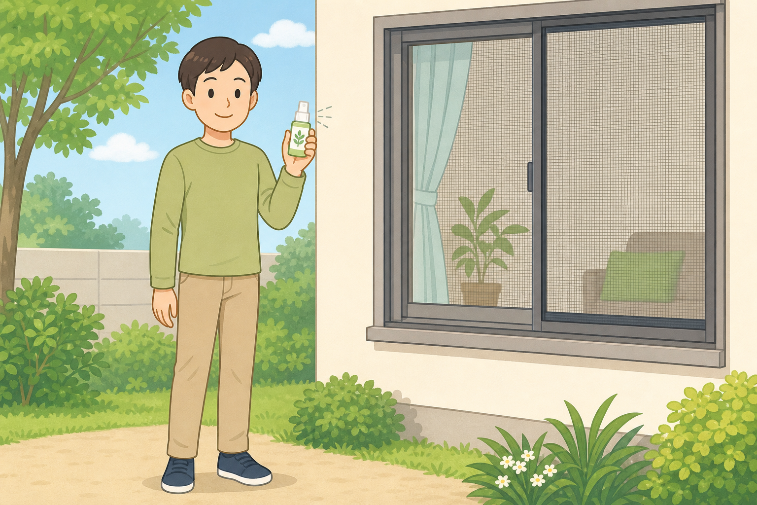 長袖長ズボンと虫よけ剤、網戸のイメージを組み合わせた蚊刺咬予防のイラスト。