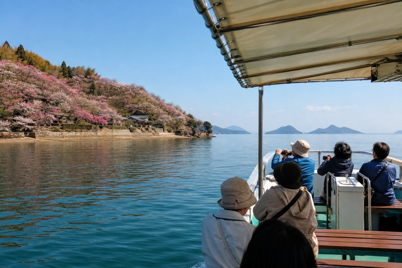 海上から花咲く丘を望む遊覧のイメージ。杏船の実景・特定航路の再現ではありません。※AIにより生成した参考イメージです。