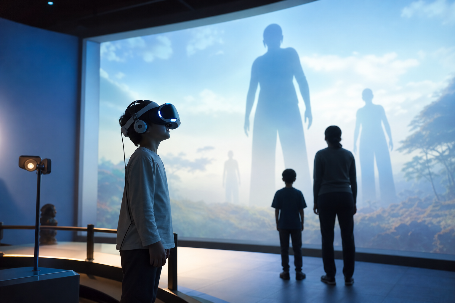 VRゴーグルを着用する来場者と、巨大な大人のシルエットをイメージした背景。※画像は生成AIにより作成されたイメージです