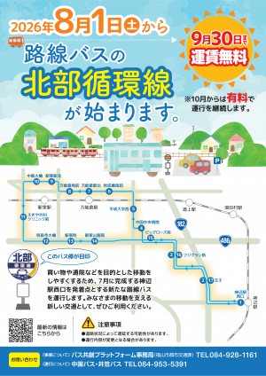 福山市バス共創プラットフォームが公開する北部循環線の運行ルート図。神辺駅西口を基点にフジグラン前・中国中央病院・駅家駅北などを結ぶ循環路線。